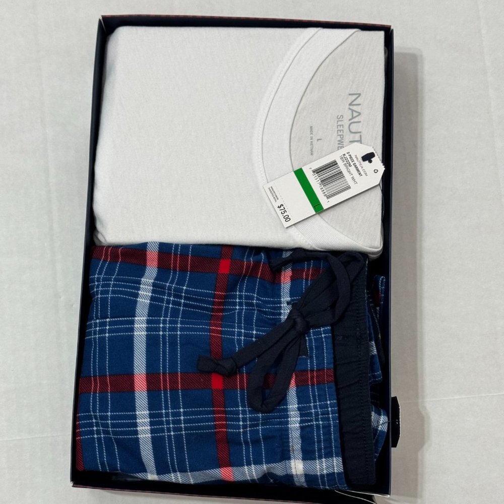 Nautica Sz L Men's PJ Set White Blue Multi Crew Neck Cozy Pants - Picture 2 of 12